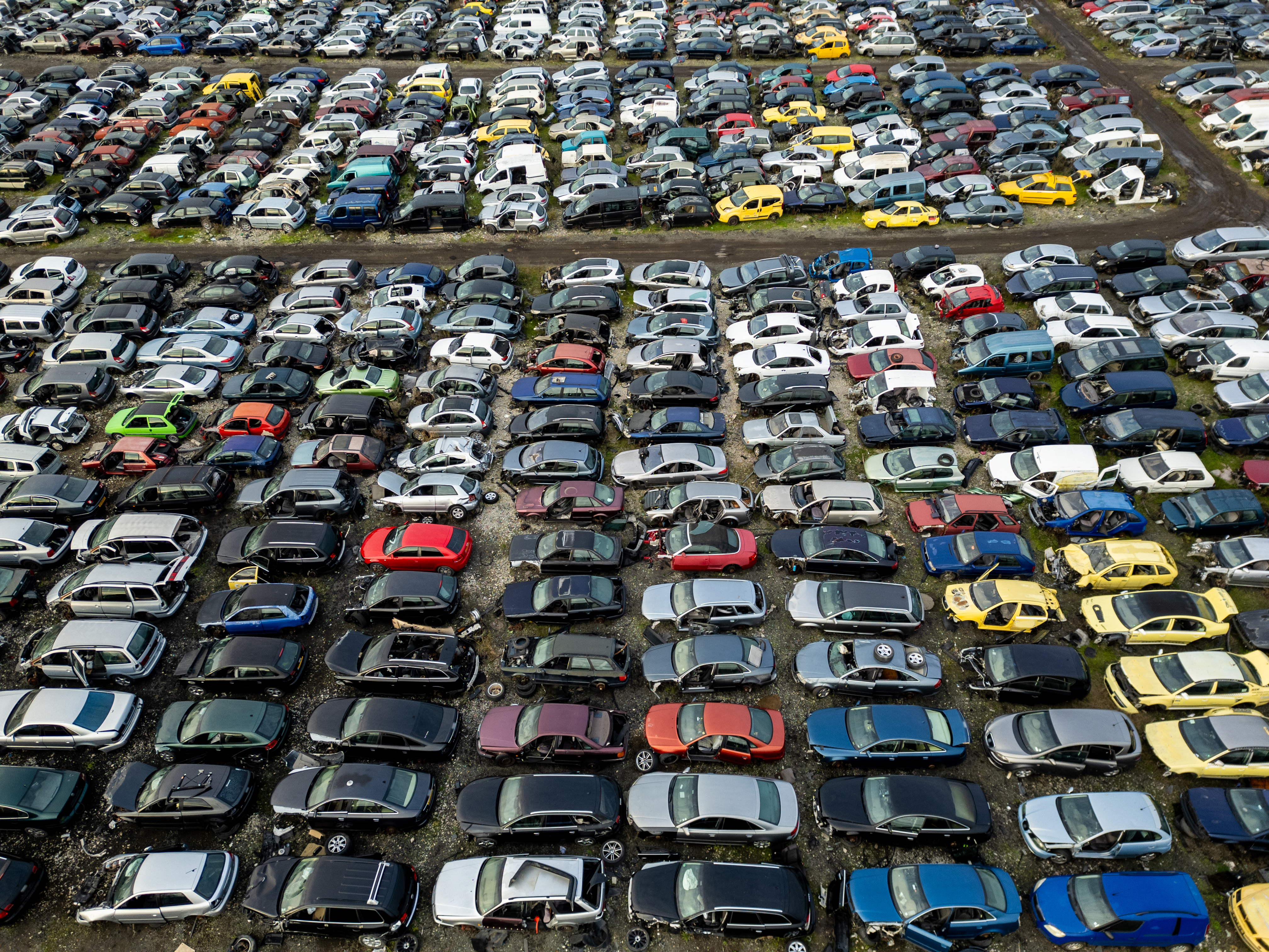 Aerial view of an abandoned car graveyard filled with old, damaged and dismantled vehicles arranged in rows. Automotive waste, recycling and environmental decay concept.